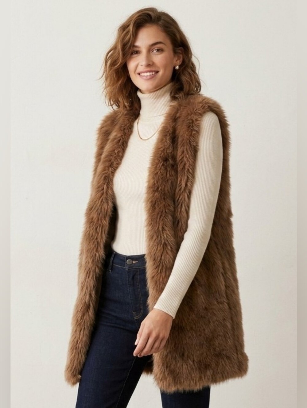 Carmin Womens Medium Brown Soft Faux Fur Long Vest Y2k 90s Sleeveless Jacket